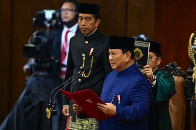 Prezidente Repúblika Indonézia (RI), Prabowo Subianto simu ona pose ba mandatu períudu 2024-2029, iha salaun Nusantara-Parlamentu, Jakarta, Indonézia, iha domingu ne&#039;e (20/10/2024). Foto:Media GPM.