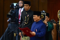 Prezidente Repúblika Indonézia (RI), Prabowo Subianto simu ona pose ba mandatu períudu 2024-2029, iha salaun Nusantara-Parlamentu, Jakarta, Indonézia, iha domingu ne&#039;e (20/10/2024). Foto:Media GPM.