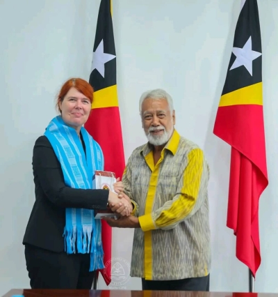 Reprezentante WFP iha  TL Jacqueline de Groot hala’o reuniaun dahuluk ho Primeiru-Ministru (PM), Kay Rala Xanana Gusmão, iha Palasiu Governu, Dili, Tersa ne’e (11/03/25). Foto:Media GPM.