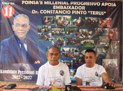 Kandidatu PR 2022-2027, Constancio Pinto, halo konferensia ba imprensa (15/3), iha nia sede Hudi Laran. Foto Independente.