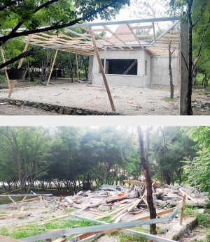 Imajen rua husi fatin hanesan ho kondisaun ne’ebé la hanesan. Iha imajen dahuluk hatudu konstrusaun Kafetaria ne’ebé harii iha tasi-ibun area Aikakeu Laran, aldeia Terra Santa, Suku Madohi, Postu Administrativu Dom Aleixo, Munisipiu Dili, ho orsamentu estadu rihun $30, atinze ona porsentu 60. Enkuantu imajen daruak hatudu Kafetaria refere rahun ona ba rai tanba hetan sobu husi ekipa ne’ebé lidera husi Sekretariu Estadu Asuntu Toponomia no Organizasaun Urbana. FOTO: autoridade suku Madohi.